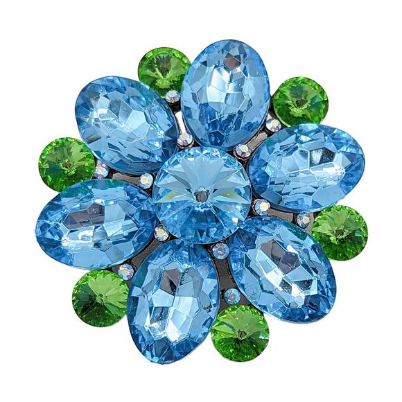 Elegant Sparkling Blue and Green Floral Brooch - Picture 1 of 5